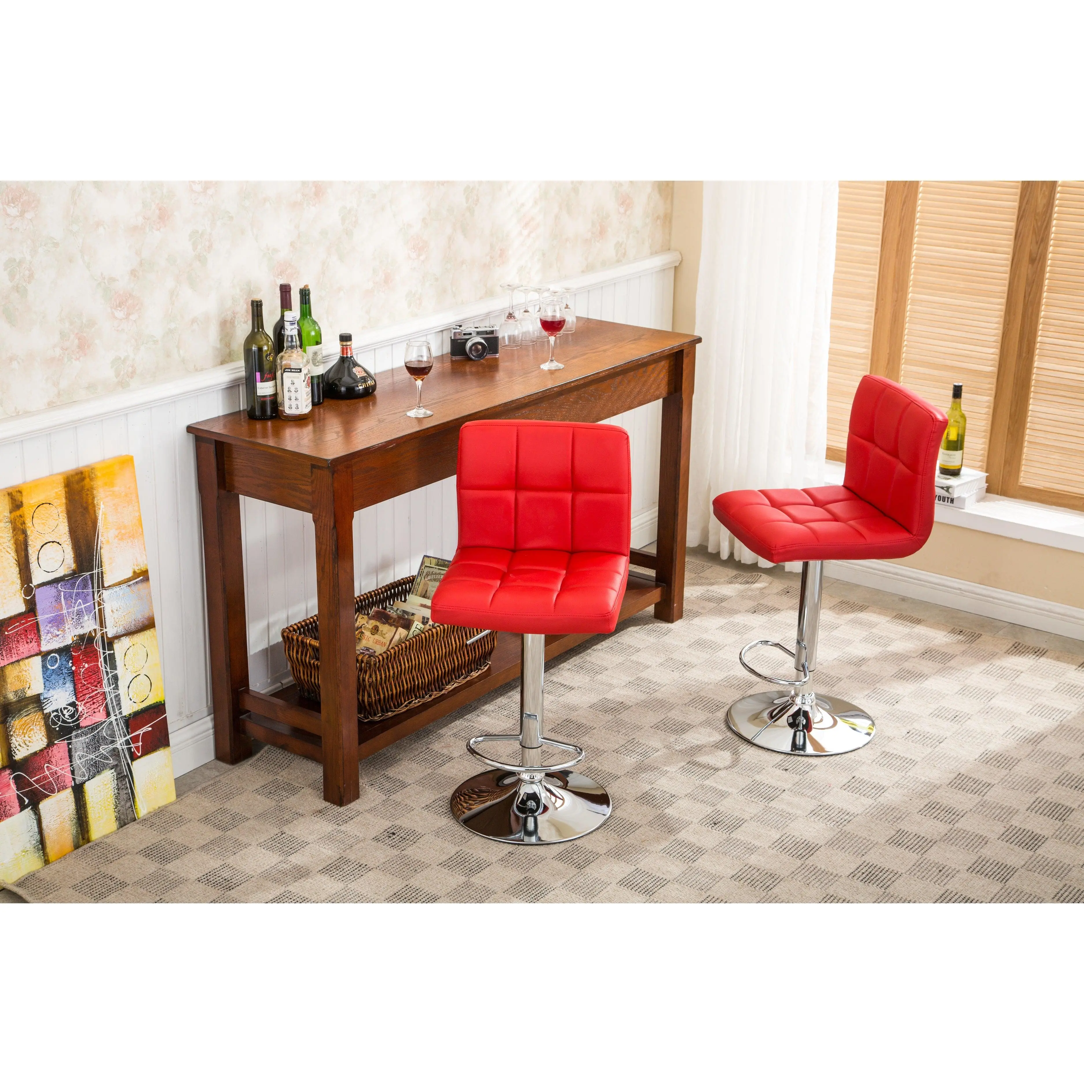Swivel Faux Leather Adjustable Hydraulic Bar Stool - Set of 2 Red