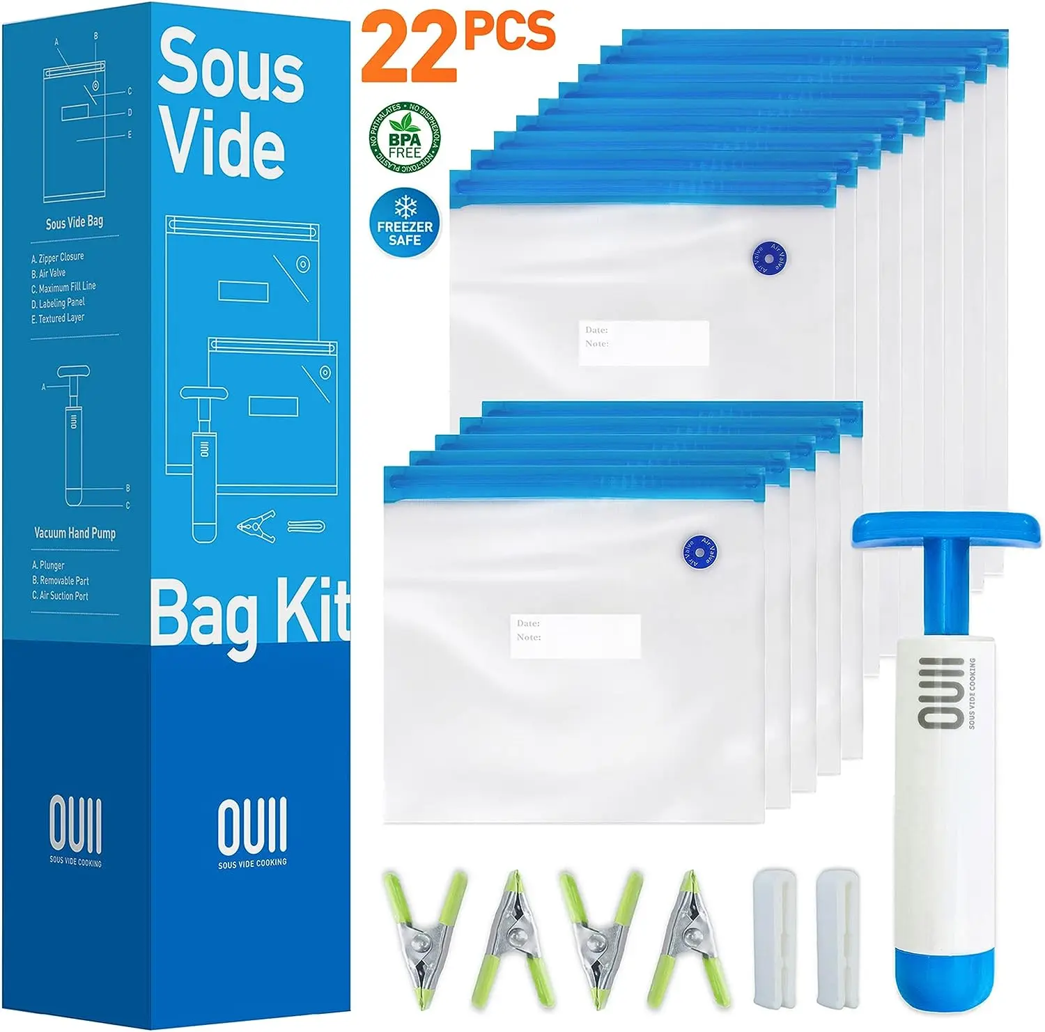 OUII Sous Vide Bags - Vacuum Sealer Bags Food Storage Freezer Safe, 15 Reusable BPA-Free Bags with Vacuum Hand Pump