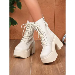 Women's autumn and winter fashionable bright color upper short boots punk style thick sole high water table waterproof fabric fashionable metal chain buckle rivet decoration outdoor mid-tube boots comfortable soft sole non-slip wear-resistant fashion boot