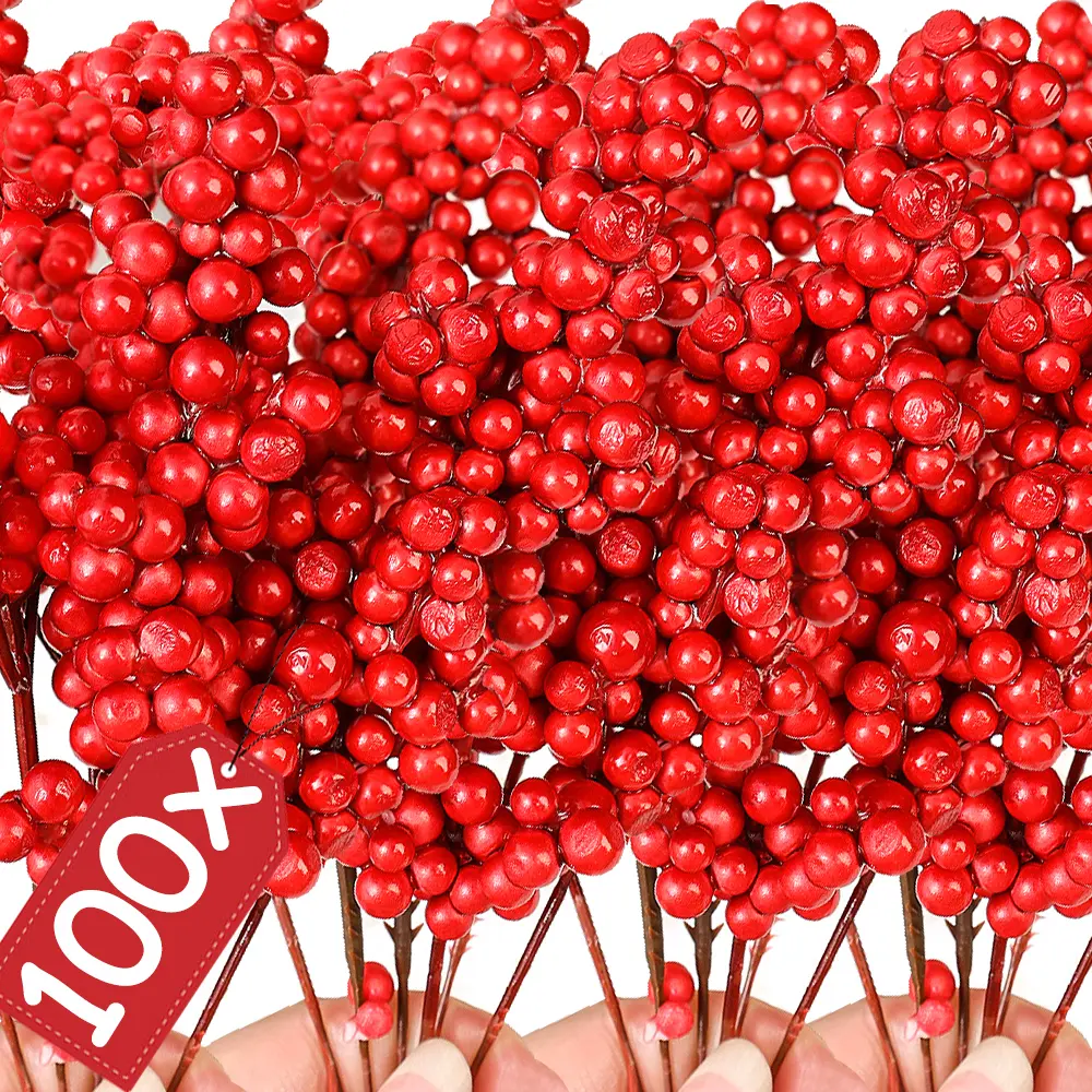 100/1Pcs Artificial Berries Red Cherry Stamen Fake Berries Pearl Beads DIY Christmas Wreath New Year Party Gifts Decorations Plastic Berry