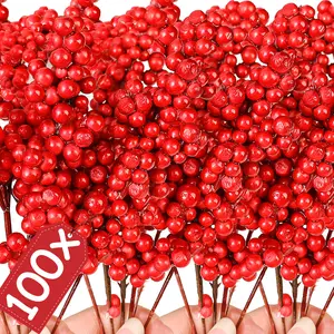 100/1Pcs Artificial Berries Red Cherry Stamen Fake Berries Pearl Beads DIY Christmas Wreath New Year Party Gifts Decorations Plastic Berry