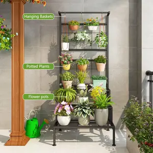 SUOERNUO Plant Stand 3-Tier Hanging Shelves Flower Pot Organizer Multiple Flower Display Holder Indoor Outdoor Heavy Duty Potted Planter Rack Unit with Grid Panel for Living Room Balcony and