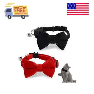 2 Pcs Velvet Cat Collar with Bell and Bowtie