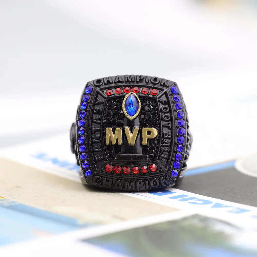 High-quality MVP black, gold, red and diamond Dream Football League Championship ring is a commemorative gift for male fans in a solid wood box