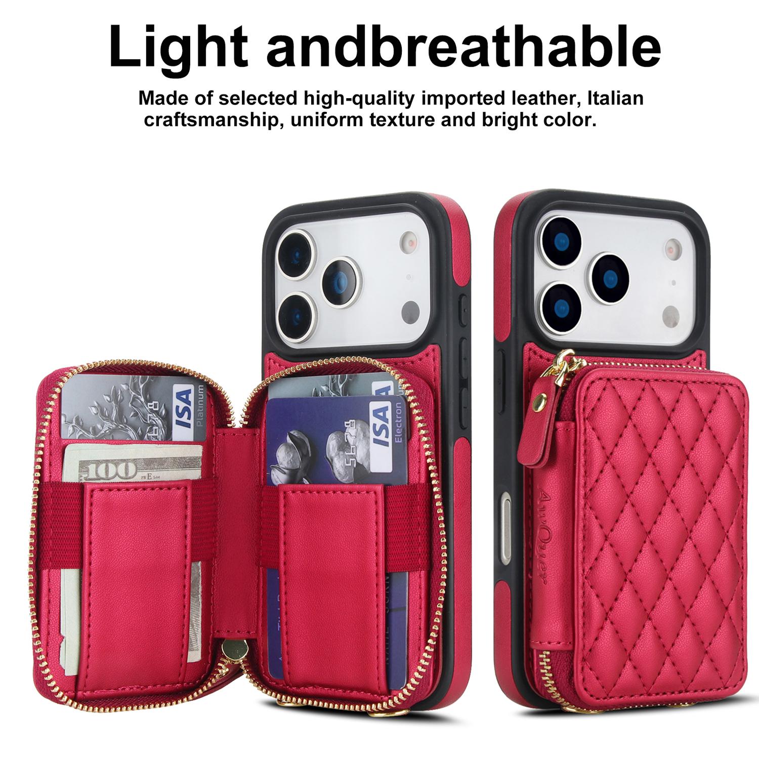Crossbody Wallet Phone Case for iPhone 17 Pro Max 16 15 14 13 12 11, PU Leather RFID Blocking Flip Cover with Zipper Pocket Card Holder Kickstand Wrist Strap Adjustable Lanyard