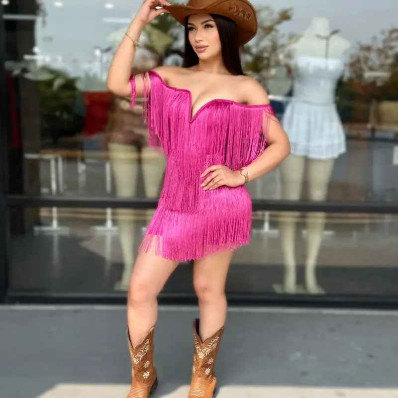 Off the Shoulder Fringe Dress - Casual Women's Dress with V-Neckline and Fringe Detail - Womenswear