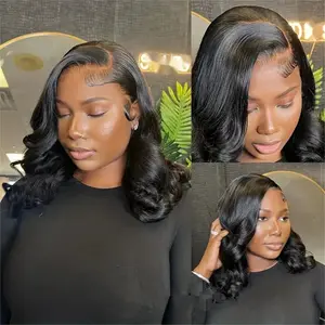 Black Body Wave Bob Lace Front Wig | Shoulder-Length Synthetic Wig | Natural Side Part Loose Wave Wig for Women