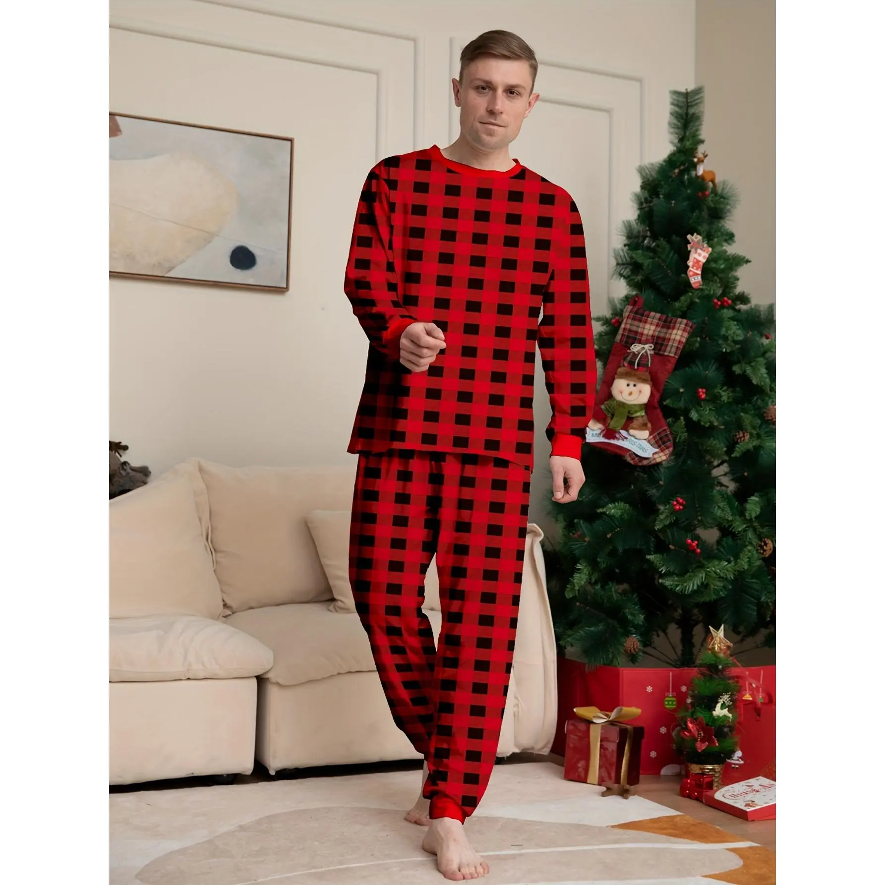 Men's 2-Piece Christmas Plaid Pyjamas Set - Cozy Menswear Nightwear, Long Sleeve Crew Neck Top & Matching Pants, Stretch Polyester Blend Fabric, Machine Washable, Plus Size Holiday Lounging, Knit