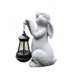 Solar rabbit yard ornament with solar lantern light, resin rabbit sculpture; outdoor garden lawn landscape decoration; patio gardening craft