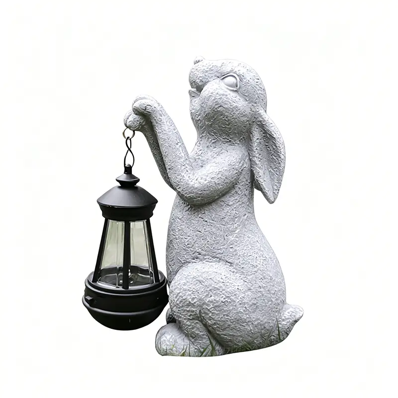 Solar rabbit yard ornament with solar lantern light, resin rabbit sculpture; outdoor garden lawn landscape decoration; patio gardening craft
