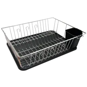 212 MAIN Megachef DR-180 16 in. Chrome Plated Metal & Plastic Countertop Dish Drying Rack, Black Kitchen Accessory with Silicone, Utensil Organiser for Camping Kitchen Use