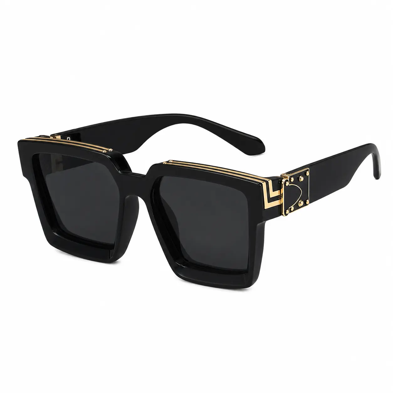Unisex Thick Square Box Frame Sunglasses Decorated with Gold Hinge Hardware, Vintage Hip Hop Street Fashion Eyewear for Men & Women, Classic European American Trendy Versatile Adult Shades, UV400 Anti-UV Protection, Summer Driving Beach Fashion Accessory