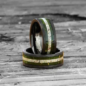 Men's Black Tungsten Ring Wedding Band Black Mossy Wood Antler Hunting Ring 8MM Comfort-Fit