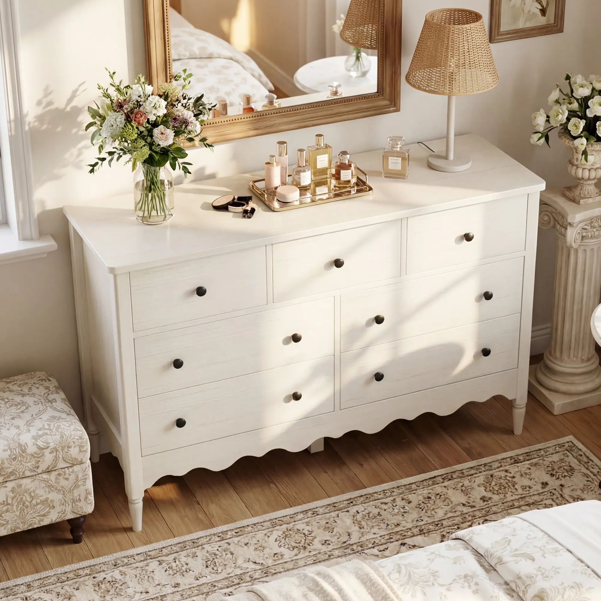 47-in Wide Wave-Inspired 7-Drawer Bedroom Dresser - Sturdy Waterproof Indoor Storage Cabinet with Solid Wood Legs, Scalloped Front, Curved Edges, Room Decor for Bedroom, TV Stand for Living Room