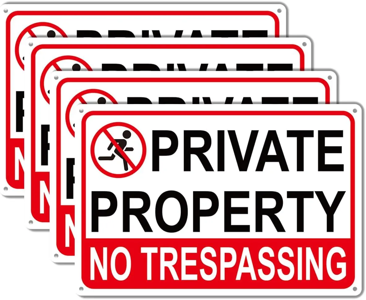 4 Pack Large No Tresspassing Sign Private Property 8x12 Inch Rust Free , Sturdy Private Property Metal Signs with Reflective Materials, Outdoor Keep Out Sign for , Farm, Yard