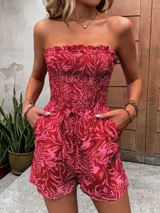 Women's Floral Print Frill Trim Shirred Tube Romper Jumpsuit, Boho Knot Detail Pocket Sleeveless Romper For Summer, Fashion Women's Clothes For Beach Holiday Vacation