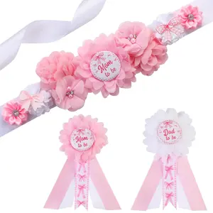Gender Reveal Maternity Sash Kit, Pink Baby Shower Belly Belt and Mom to Be Dad to Be Corsage Pins, New Parent Pregnancy Announcement Photo Props Party Supplies
