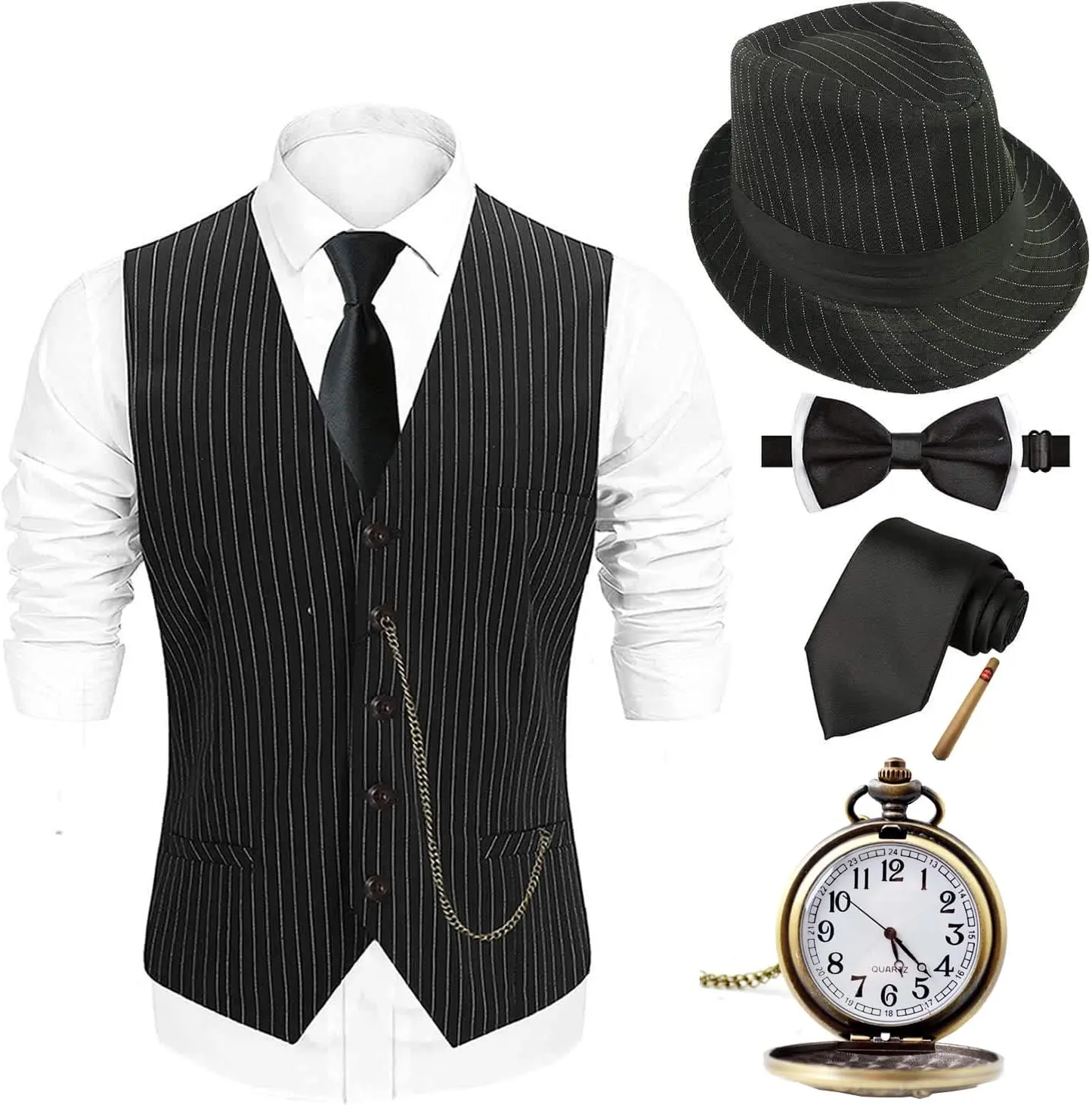 Menswear 1920s Gatsby Gangster Costume Set - Men's Vest, Pre-Tied Bow Tie, Vintage Pocket Watch Classic Outfit