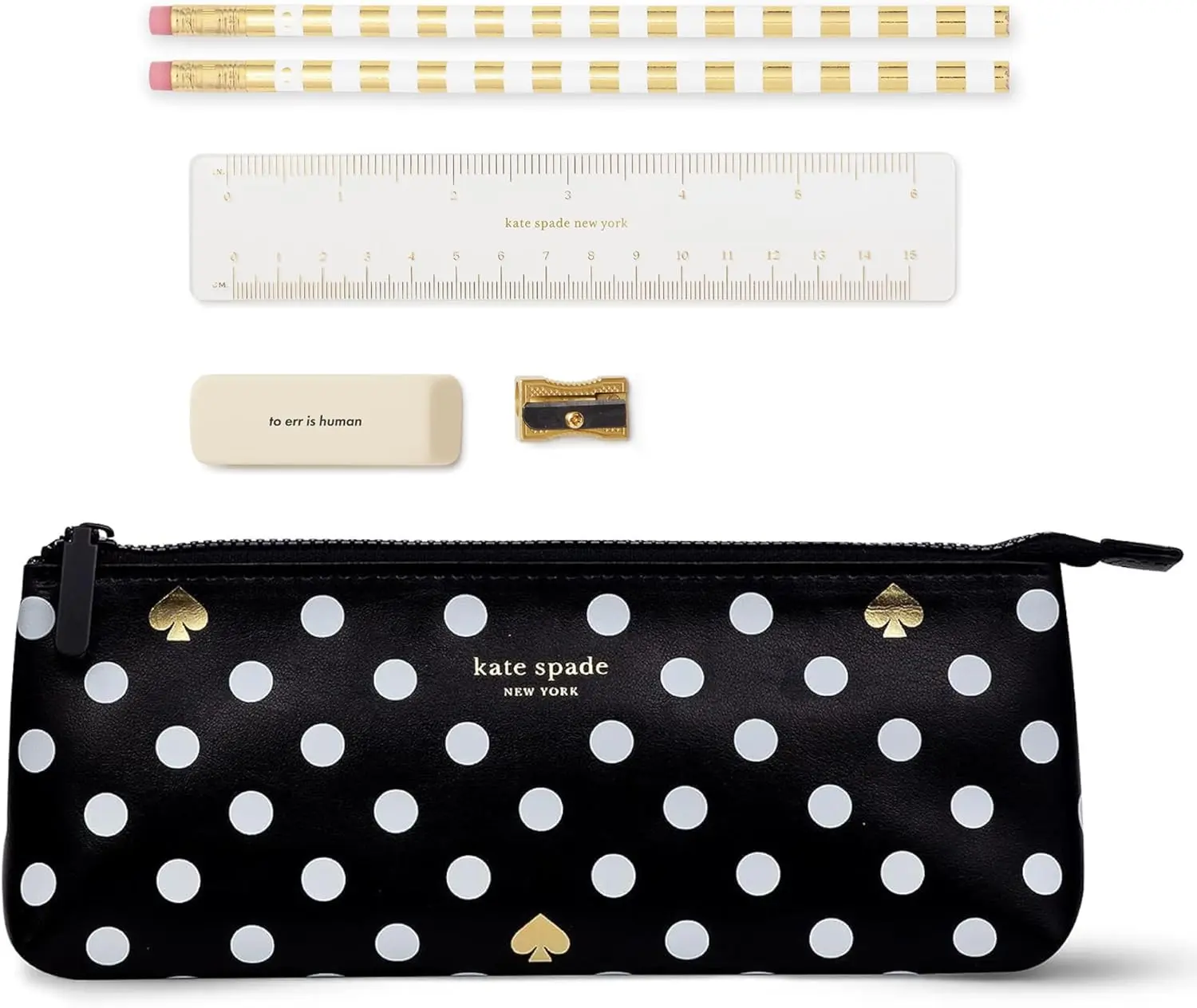 kate spade new york Pen and Pencil Case with Office Supplies, Zip Pouch Includes 2 Pencils, Sharpener, Eraser, and Ruler, Polka Dots (black/white)