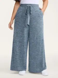 BLOOMCHIC Plus Size Women's Indigo Stretchy Belted Wide-Leg Pants - Casual Loose Bottom, Tie Knot, Slanted Pockets, All-Season, Bridal Basic Minimalist, Turn-Up Hem, Flattering Fit, Plus Size Clothes, Women's Clothes [M-6X] 2026 Summer Vibes Swimweek