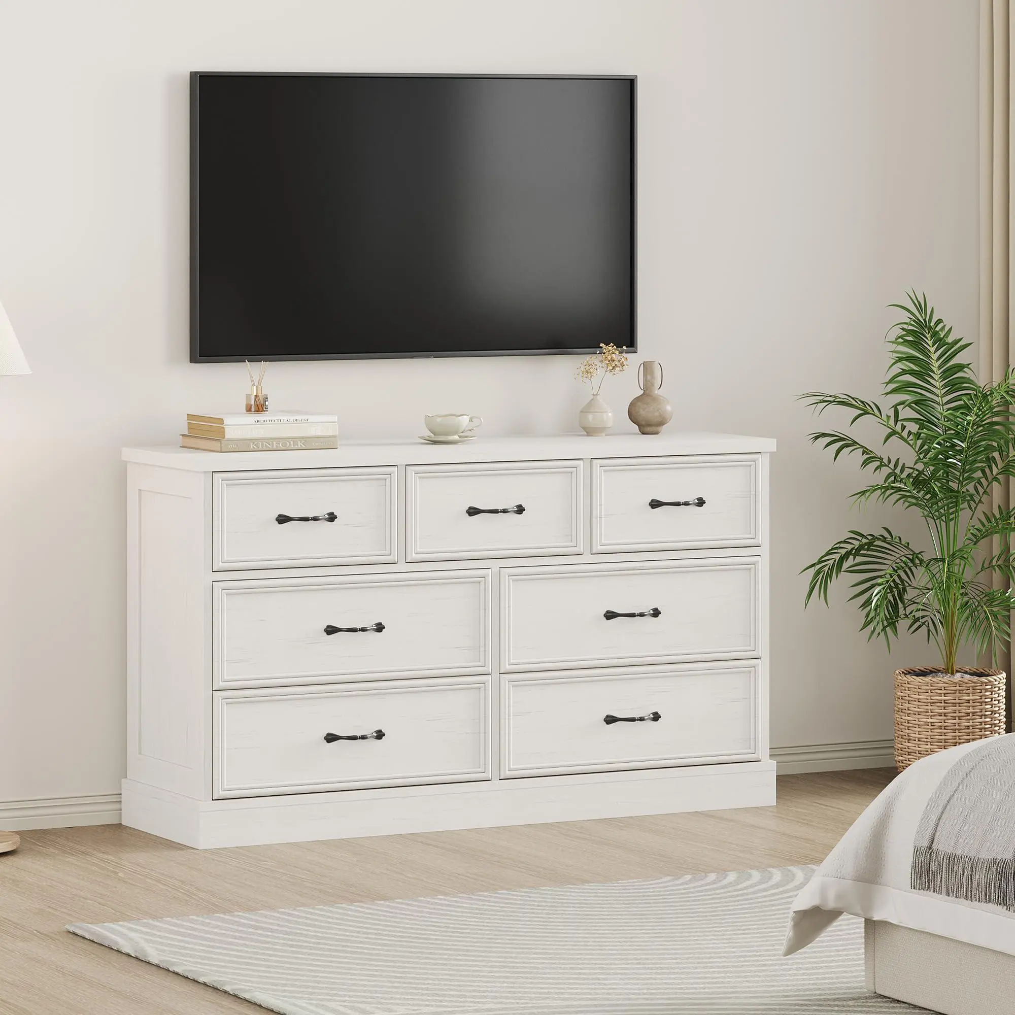 GARVEE Farmhouse TV Stand for Living Room, Entertainment Center with 7 Storage Drawer & Metal Handle, Wooden Media Console Table for 75 Inch with Storage Compartments, White