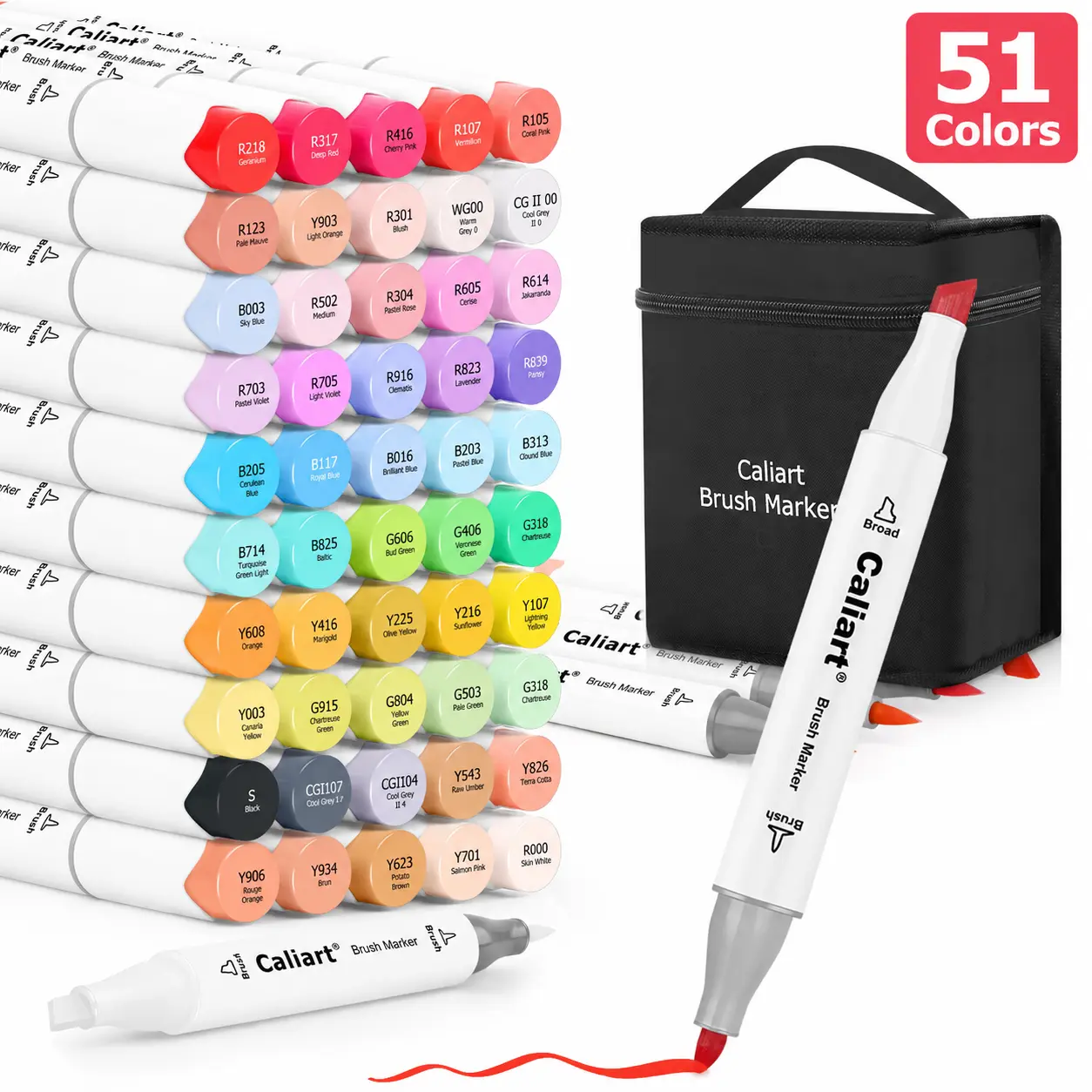 Caliart Official 51Colors Alcohol Based Artist Markers Brush Tip Dual Tip Marker Set Permanent Colored Pens for Adult Coloring Drawing Sketch Illustration Card Making Art Supplies Craft Supplies DIY Crafts Journaling Notebook Planner Teacher Gift