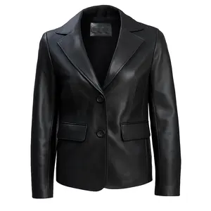 Women's Black Leather Blazer Jacket - Long Sleeve Fitted Rock Style Medium Length All Seasons Premium Authentic Leather