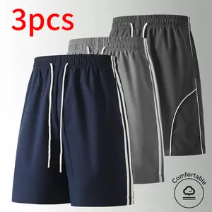 3-pack summer men’s mid-thigh shorts: loose-fit casual shorts with two striped accents; multifunctional sports shorts suitable for daily commuting, outdoor travel, work, workouts, and running.