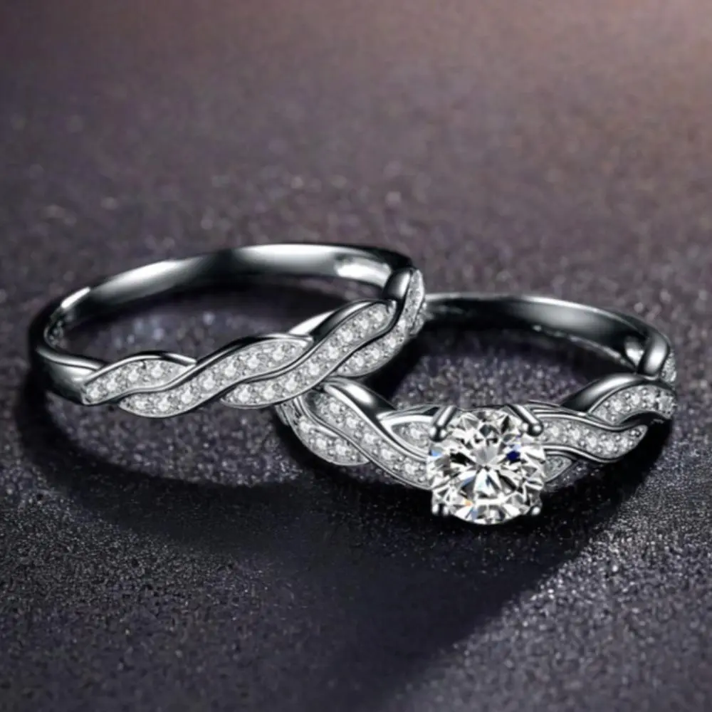 2 Piece Sparkling 4 Prong Round   Eternal Wedding Ring Set for Women Ideal Promise Ring Gift for Birthday Valentine's Day Bridal Engagement Jewelry Couple Ring Set Statement Rings Artificial Crystal Ring