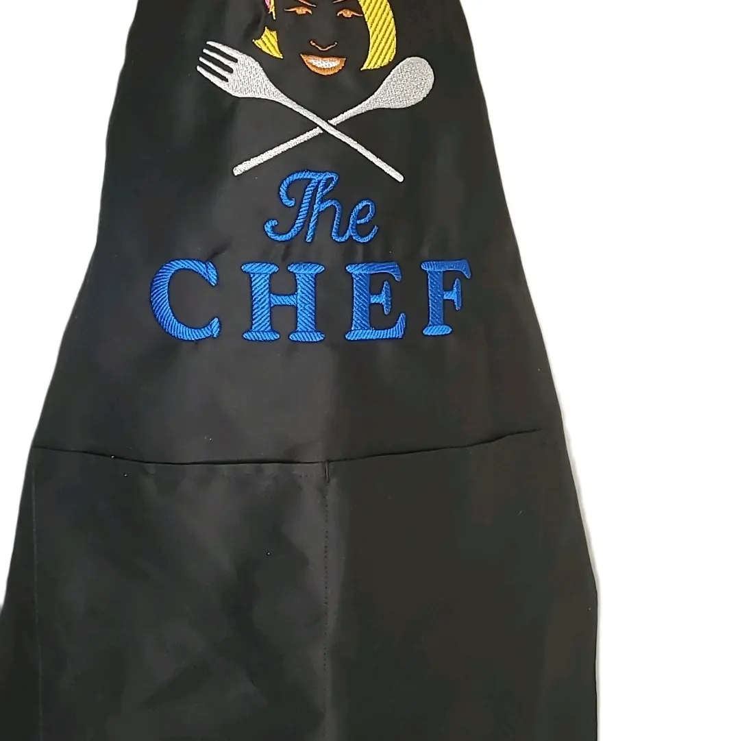 Custom Embroidered Design on Chef Apron. Black Pocket Kitchen Apron