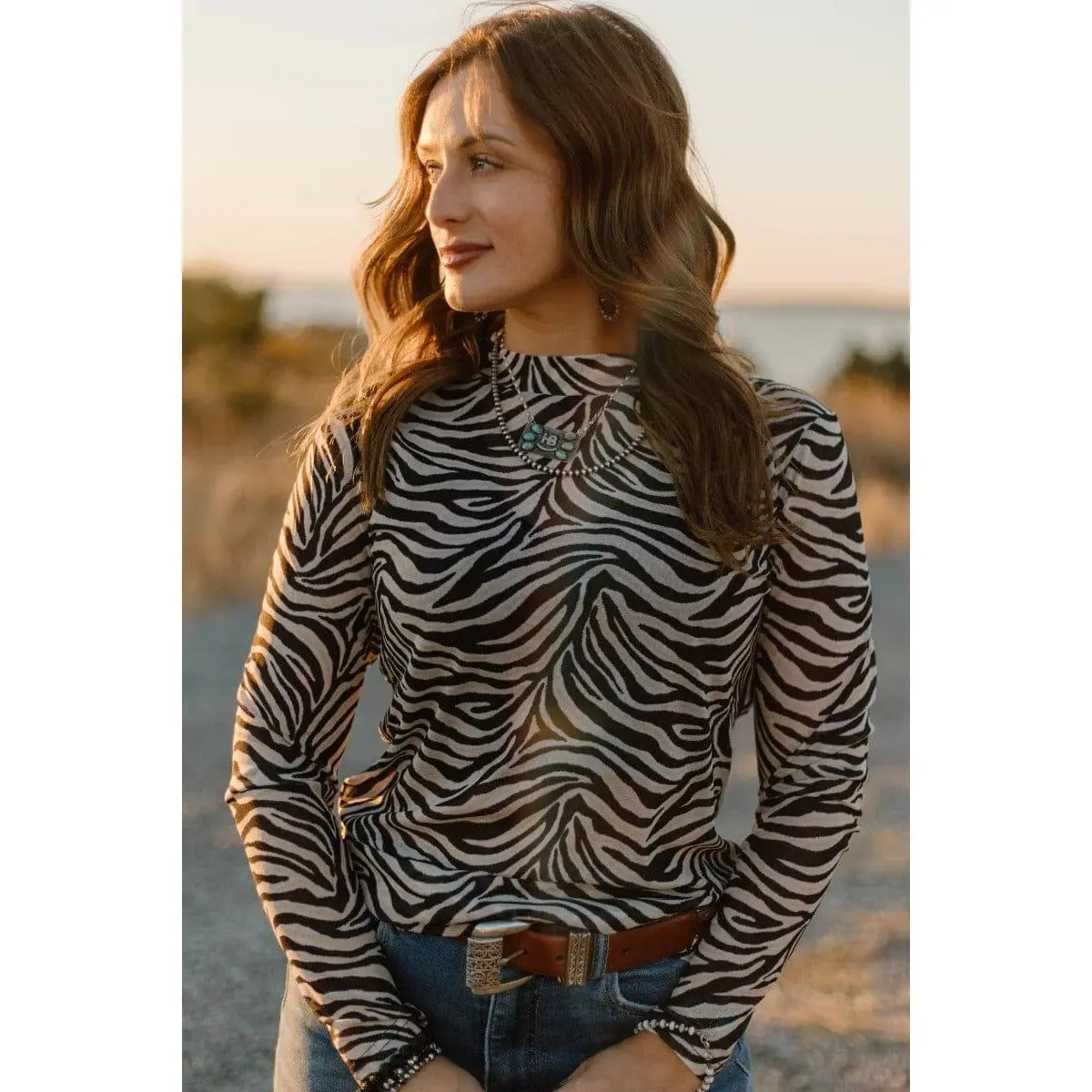 Women's Zebra Print Long-Sleeve Fitted Blouse - Spandex-Polyester Mesh, Black and White Style, Lightweight Casual Wear Layering Top, Blouses
