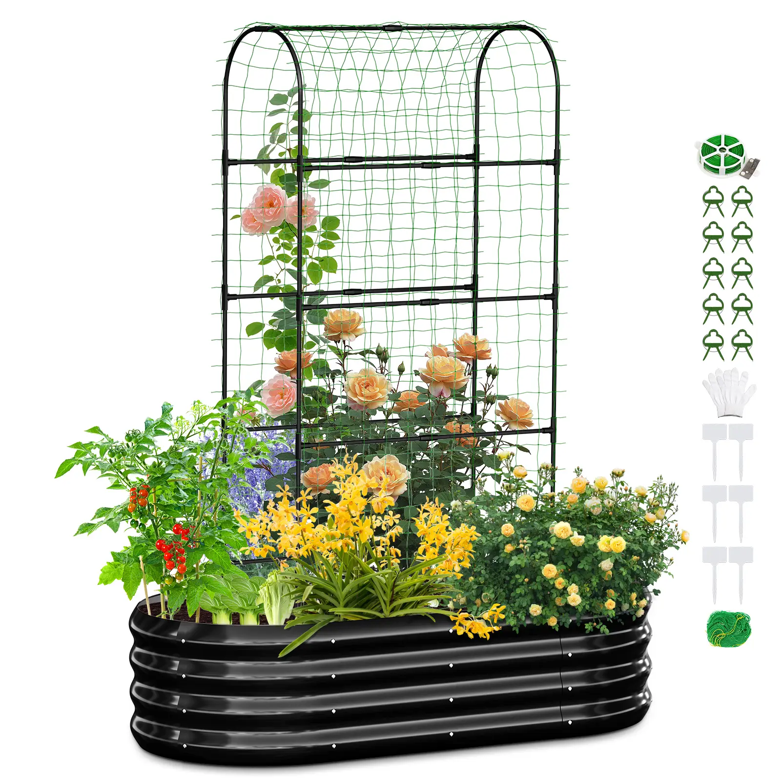 Lilypelle Metal 2-in-1 Galvanized Raised Garden Bed with 71" Arch Trellis Support, Wood Grain Outdoor Planter Box for Vertical Gardening Flowers, Vegetables, Herbs deskmakeover