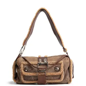 Pre-owned Dior Distressed Leather & Shearling Trim Shoulder Bags Before Flight Shearling Bag Distressed Brown OUTLET FINAL SALE