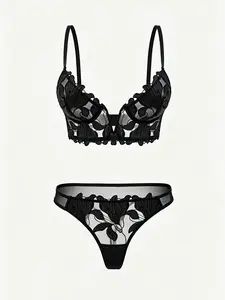 Women's Black V-Neck Flower Embroidery 2-Piece Lingerie Set - Adjustable Straps Bras for Women, Chic Feminine Comfortable Elegant Underwear Sets for Casual & Party Wear