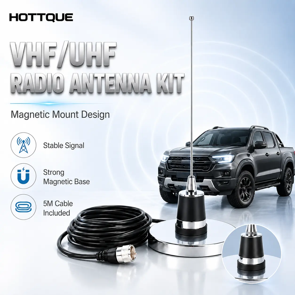Dual Band VHF UHF Mobile Radio Antenna Kit, 50cm Magnetic Mount Vehicle Antenna with 5m Cable, NMO Antenna for Trucks SUVs Off-Road Outdoor Communication pl-259 connector effortless install