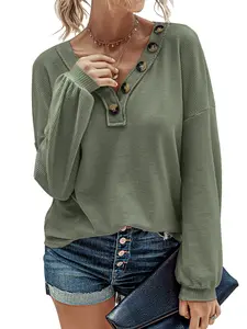 BTFBM Women's Waffle Knit Shirt - V-Neck Longsleeves Casual Slouchy Blouse Knitwear#Clearance