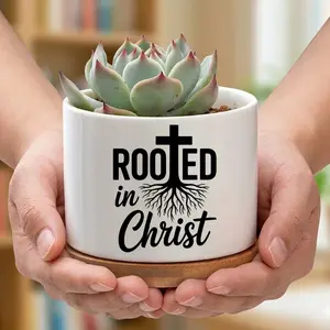 Rooted in Christ Succulent Planter – Christian Ceramic Plant Pot, Inspirational Faith Gift, Religious Desk Decor for Men, Home & Office Decoration