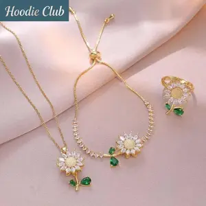 3PCS Fashion Jewelry Set Green Leaf and Rotating Sunflower Zircon Necklace Ring Bracelet Set Elegant Clavicle Chain Gold Plated Stainless Steel Jewelry Set for Women Girls Lucky Gift Idea Daily Wear Party Wedding Accessories Matching Set