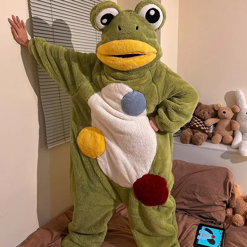 Women's Coral Fleece Thickened One-Piece Pajamas for Outdoor Wear, Quirky Frog Plush Homewear for Autumn and Winter