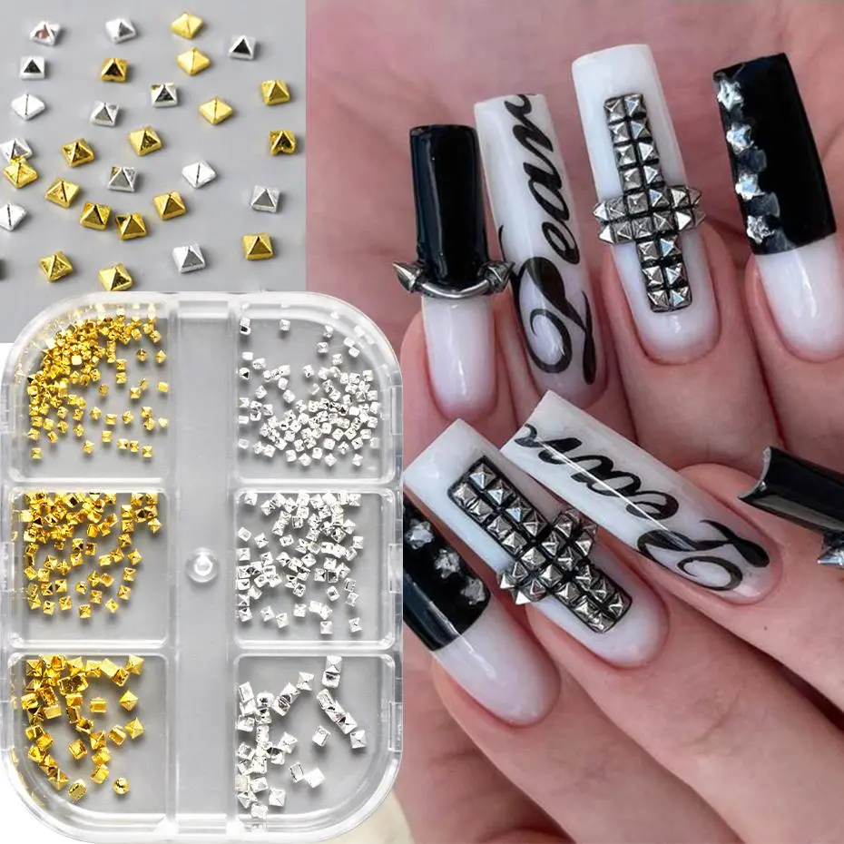 6 Grids Square Punk Bullet Rivet Nail Charm Golden Silvery Flat Bottomed Rivet Gothic Style Design for  Manicure Accessories