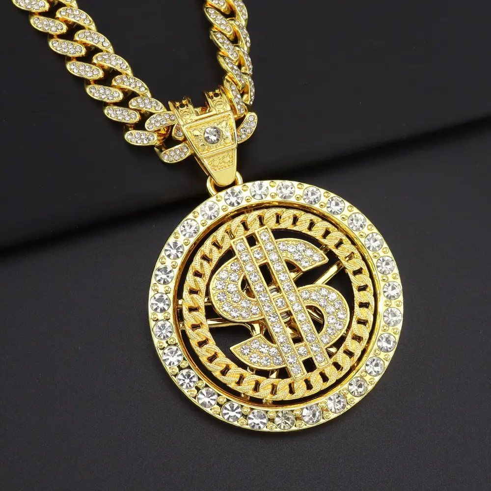 Men Hip Hop Big Rotatable US Dollar Money Sign Pendant Necklace 13mm Iced out Cuban Chain Choker Necklace Rap Rock Charm Jewelry