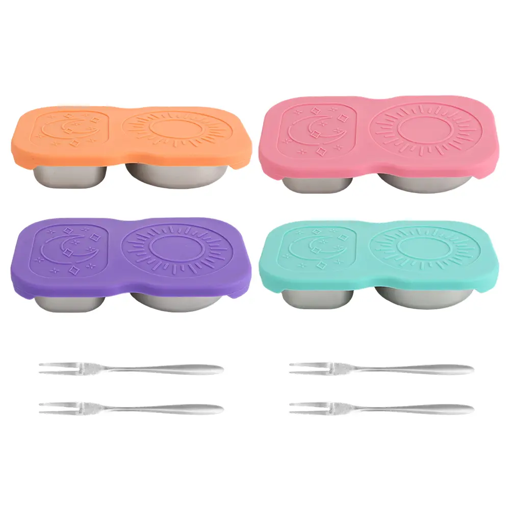 4-Piece 5.3oz Stainless Steel Snack Storage Box Set - Double Compartment, Silicone Lid, 4 Fruit Tags - Reusable, Easy to Clean, Ideal for Children’s Bento, Outdoor Picnics, Containers