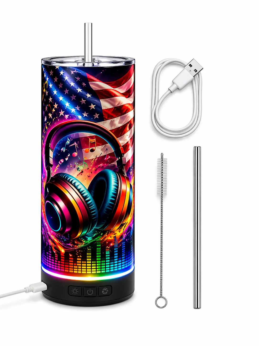 20oz LED Bluetooth Speaker Tumbler Light Up Cup with Straw Stainless Steel Gift American Flag Design