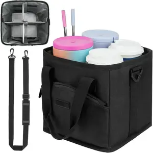 4 Cup Drink Carrier with Handle  Insulated &  Drink Carrier for Delivery & , Leakproof Cup Carrier with Adjustable Dividers,  Strap & Straw/Lid Organizer