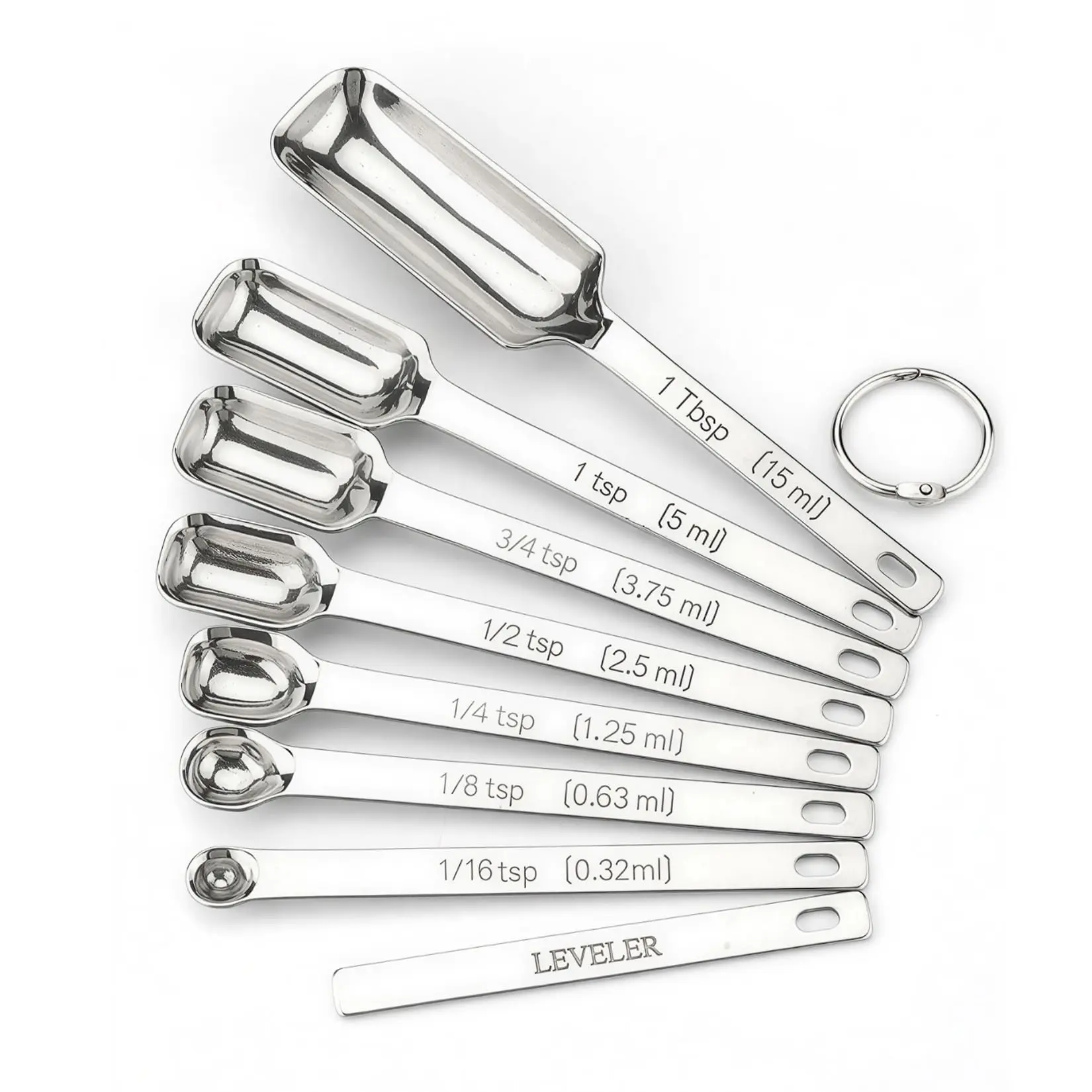 8-Piece 304 Stainless Steel Square Measuring Spoons Set, Mirror Polished Kitchen Utensils with Ring Holder – For Cooking, Baking & Seasoning
