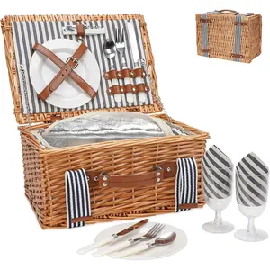Picnic Basket for 2 Persons,Handmade Wicker Picnic Baskets Set with Insulated Cooler & Cutlery Kit, Gift Basket for Couples,Valentine Day, Thanks Giving, Birthday, Wedding, Outdoor Party