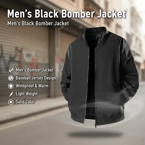 Men's Black Bomber Coat - Baseball Jersey Design, Smooth Fabric, Windproof, Warm, Lightweight, Sporty Classic Casual Street Vibe Outerwear, Loose-Fit, Jeans-Friendly, T-Shirt-Compatible Menswear Layer, Ideal Gift