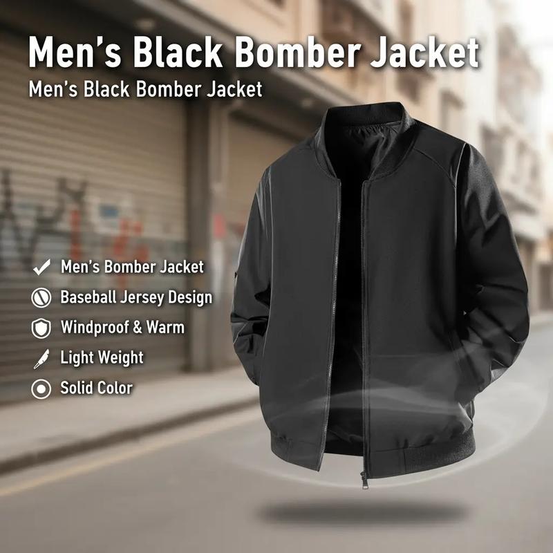 Men's Black Bomber Jacket Trendy Baseball Jersey Design Fashionable Comfortable Outerwear Perfect for Casual Street Style Everyday Wear Windproof Warm Gift Lightweight Top Sports Solid Color