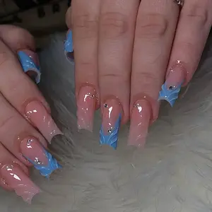 24pcs Blue French Square Nail Art Stickers, Glossy Finish Press-On Nails, Acrylic Fake Nails, Wrap Nail Design, Reusable Chic French Y2K Style, Women and Girls Daily Wear, Home Party Use