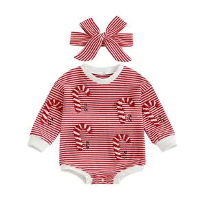 Newborn Baby Girl Christmas Outfit Long Sleeve Bubble Romper Candy Cane Embroidery Onesie Bodysuit Infant Fall Clothes